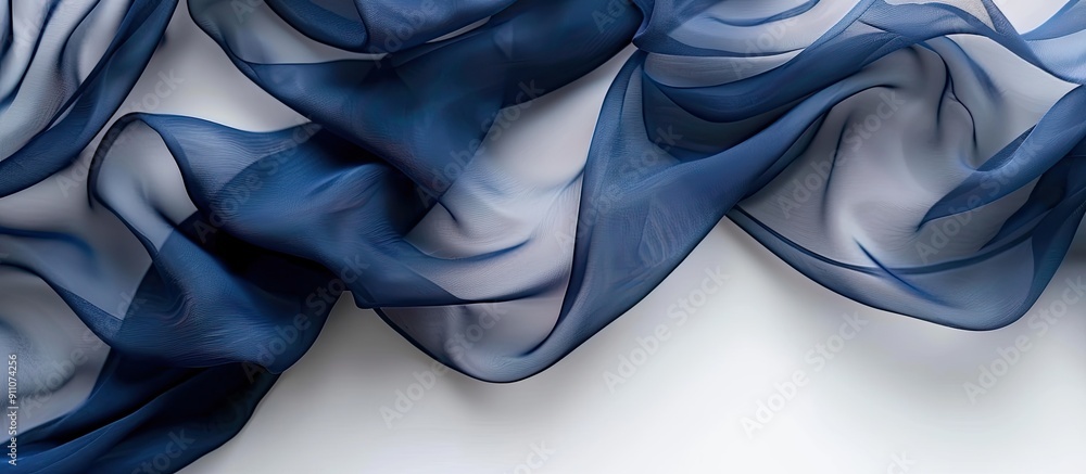 Poster close up shot of plain navy chiffon fabric on a white backdrop with copy space image smooth soft fab