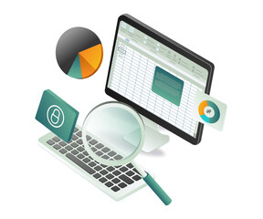 A computer, laptop, and magnifying glass displayed together, symbolizing analysis and data examination in an xls format