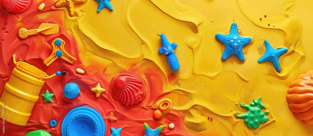 Wall mural Colorful toys for sand play on a vibrant background seen from above including a suitable copy space image