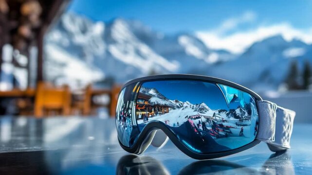 Ski goggles with snowy mountain reflection on a sunny day