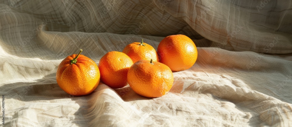 Poster tangerines on a linen background offering copy space image