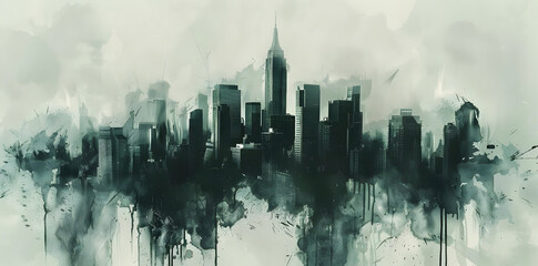 Cityscape Illustration with Watercolor Splashes
