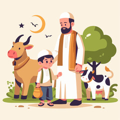 Eid Al Adha Illustrations. Muslims Prepare Livestock to Be Sacrificed. People Celebrate Eid Al Adha