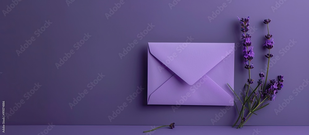 Poster violet envelope mockup with copy space image for text adorned with a lavender flower perfect for gre