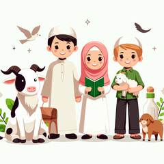 Eid Al Adha Illustrations. Muslims Prepare Livestock to Be Sacrificed. People Celebrate Eid Al Adha