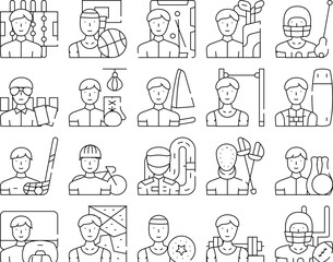 Male Sport Activities Collection Icons Set Vector. Basketball And Soccer, Golf And Lacrosse, Boxing And Sailing, Powerlifting And Bowling Sport Black Contour Illustrations