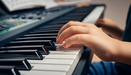 Fototapeta premium Kid playing on Synthesizer Child playing an instrument. 