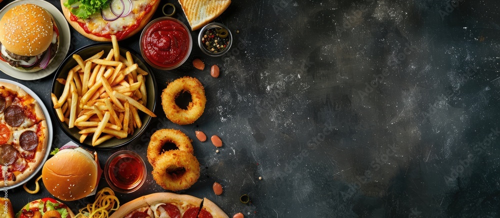 Poster top view of a variety of takeout food like pizza fries onion rings burgers and snacks spread out on 