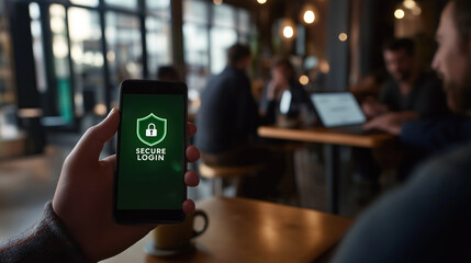 Secure login on smartphone in a modern cafe. Digital authentication, cybersecurity, accessing online services