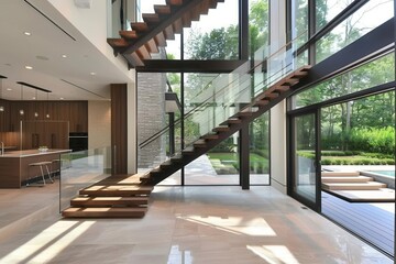 Obraz premium contemporary atrium featuring sleek glass balustrades and floating wooden staircase bathed in natural light emphasizing minimalist elegance and open space design