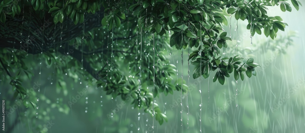 Aufkleber rain has left the tree s lush leaves dripping with water creating a serene copy space image