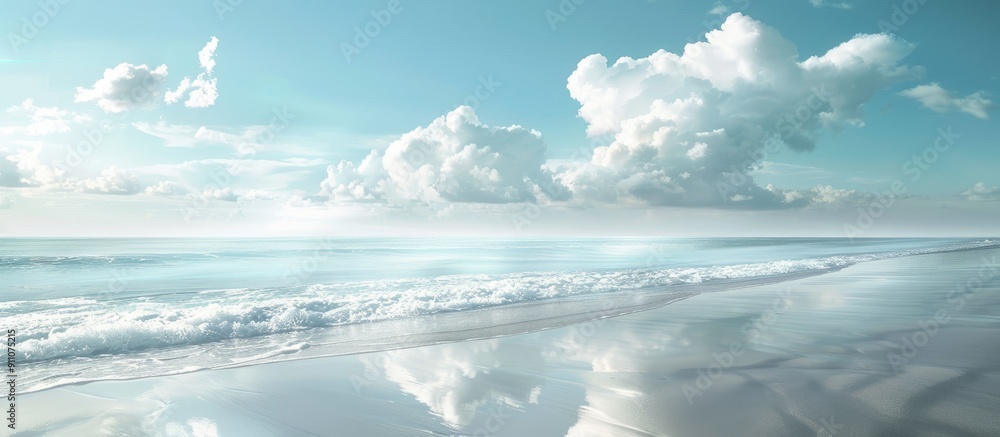 Poster scenic beach with a tranquil sea and clouds in a copy space image