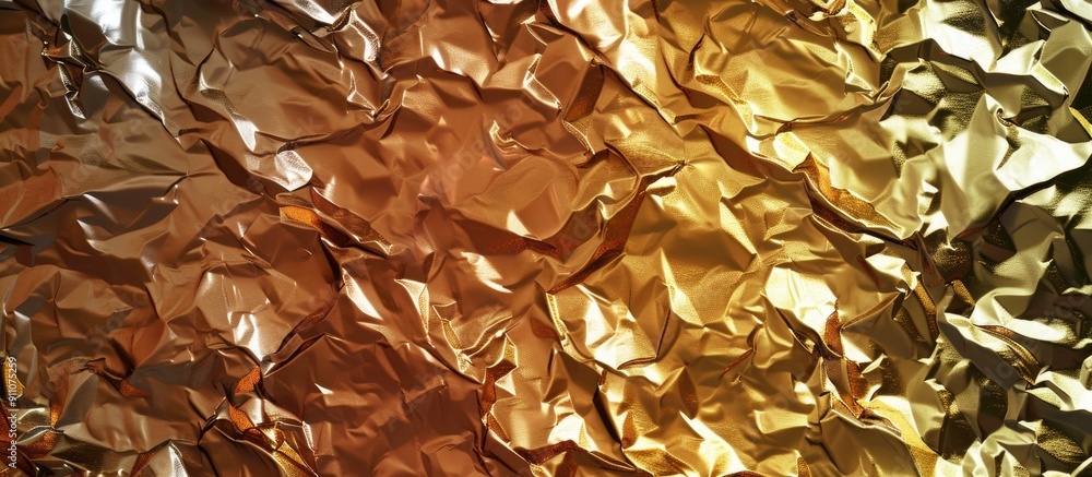 Poster an abstract background with a shimmering texture created by crumpled gold and bronze foil paper perf