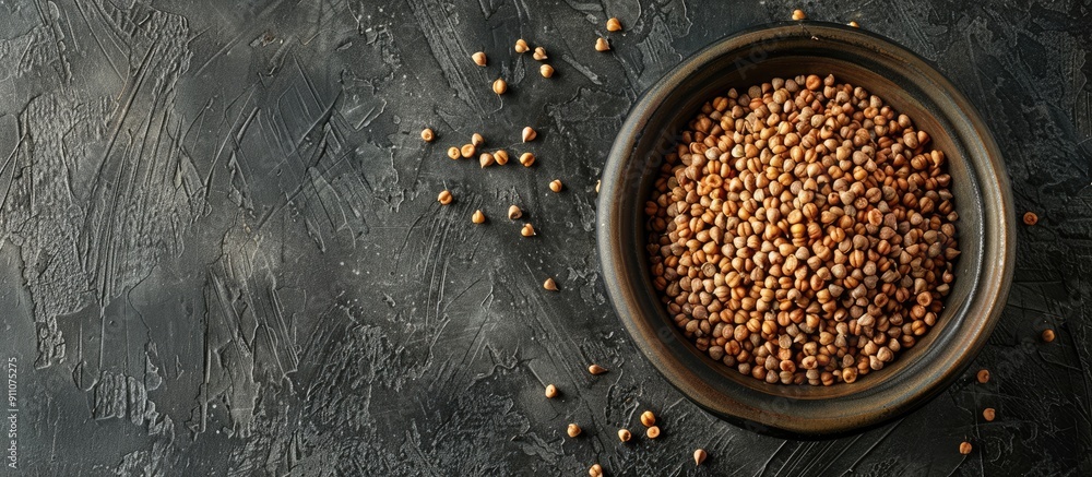 Poster top view image of buckwheat grains in a bowl against a dark concrete backdrop with room for text or 