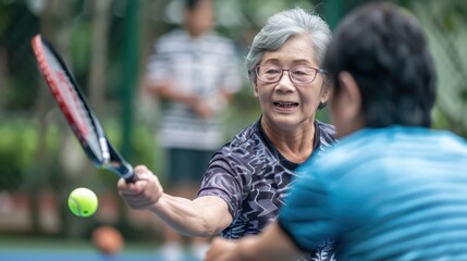 An older woman joyfully rallies during a tennis match with a younger player at a community court