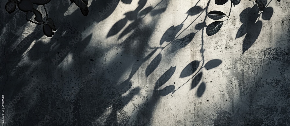 Aufkleber abstract black and white backdrop featuring leaf shadows on a concrete surface with copy space image