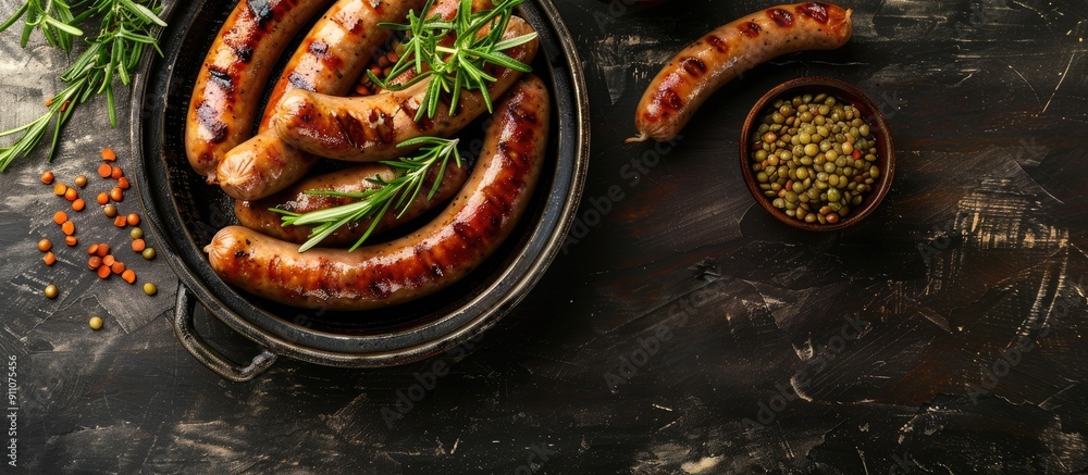 Poster rustic top view table setting with a natural fresh meal of sausages and lentils a second course snac