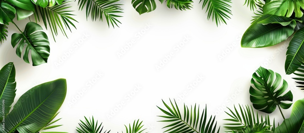 Canvas Prints tropical green leaves on white background with leaf pattern and central copy space image