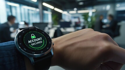 Account secured notification on smartwatch. Digital security, online protection, wearable technology in office environment