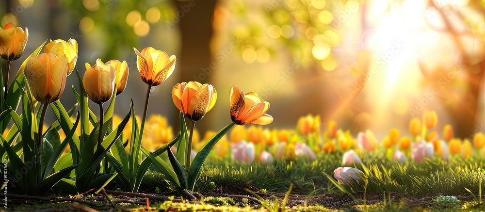 Canvas Prints tulips with yellow blossoms in the park setting with a copy space image