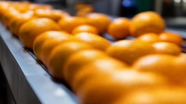 Oranges on a conveyor belt in a factory