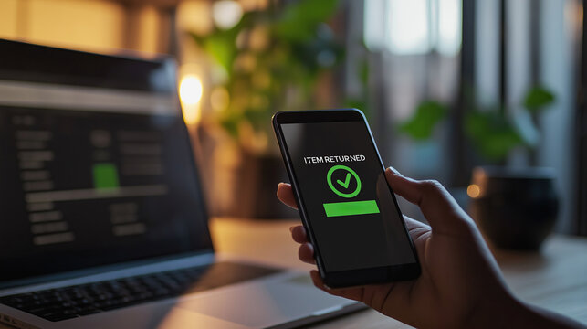 Item returned confirmation on smartphone. Digital return process, online shopping, e-commerce transaction, secure confirmation