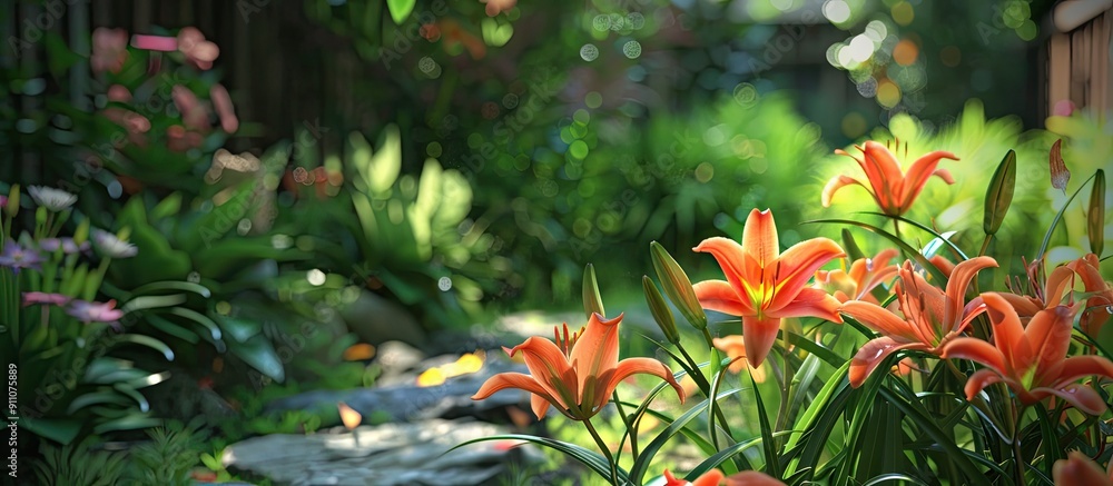 Poster vibrant asian clay lilies provide a colorful display in a charming garden setting with a copy space 