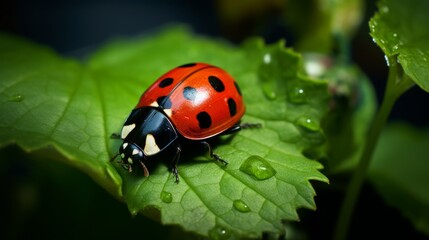 Fototapeta premium Tiny ladybug resting green leaf