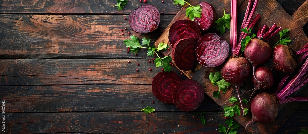 Poster boiled beets arranged on a cutting board with parsley leaves set on a wooden backdrop image with cop
