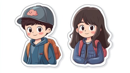 Cute anime boy and girl stickers, isolated, perfect for design assets and copy space
