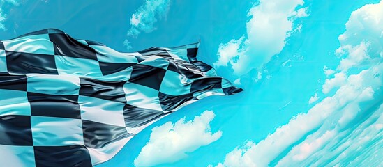Low angle view of a checkered flag displayed outdoors against a blue sky background providing ample copy space for text