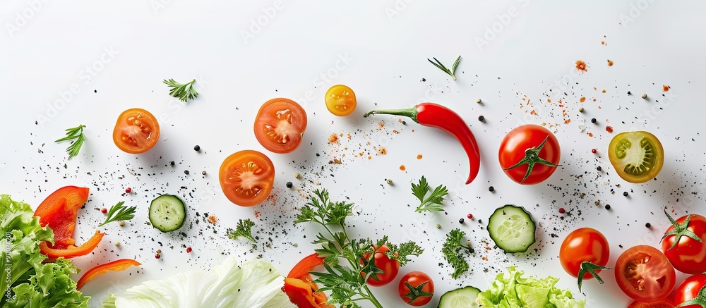 Poster assorted fresh vegetables like tomatoes cucumbers lettuce parsley and peppers captured in motion on 