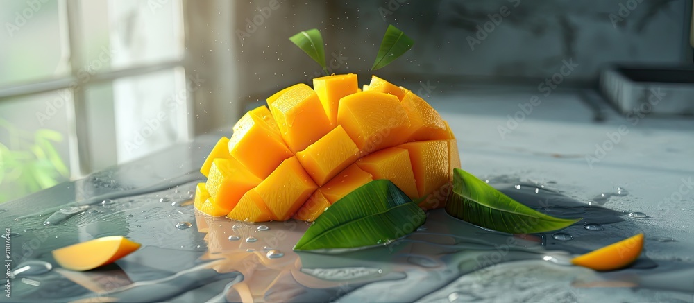 Poster a ripe mango sliced and diced displayed on a gray table with a leaf for eating creating a visually a