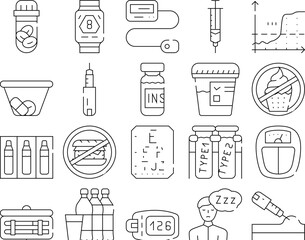Diabetes Ill Treatment Collection Icons Set Vector. Insulin Medicament Injection And Symptom Of Vision Loss, Glucose And Blood Sugar Control Black Contour Illustrations