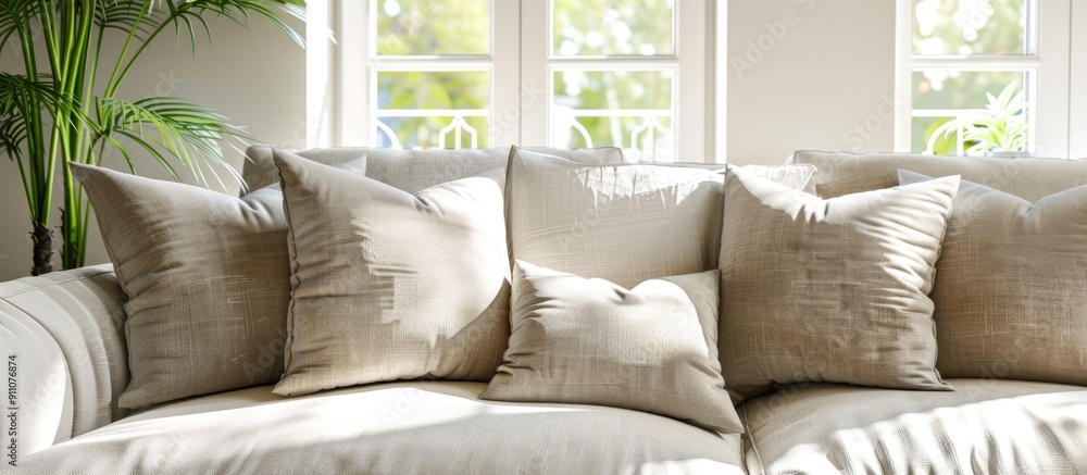 Aufkleber beige pillows arranged on the living room sofa perfect for adding warmth and style to the cozy setti