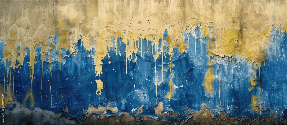 Poster an abstract background showing a dirty retro aged wall surface with flowing blue and yellow paint dr