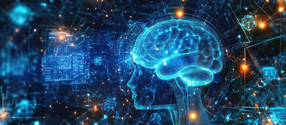 Poster 2d illustration of abstract thought concept featuring brain imagery and elements of artificial intel