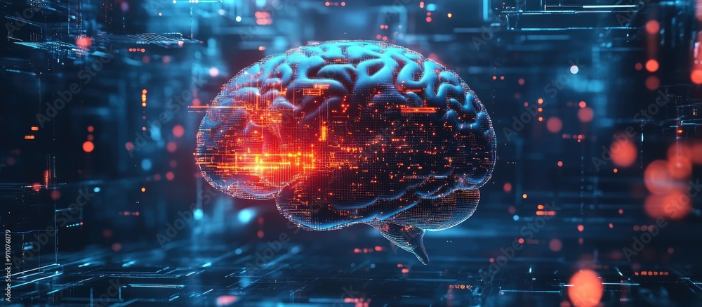 Poster 2d illustration of abstract thought concept featuring brain imagery and elements of artificial intel