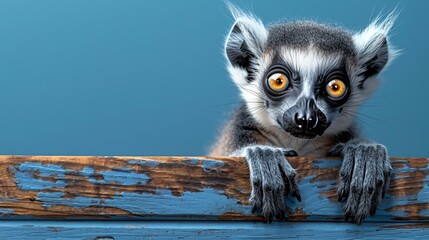 Fototapeta premium Curious Lemur Peeking Over a Blue Plank