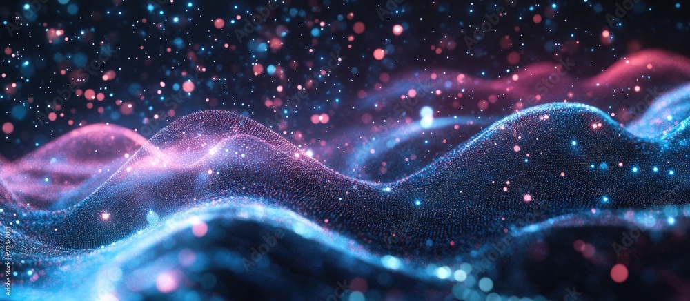Poster 3d abstract particle wave with dynamic lighting background showcasing technology and cyber themes
