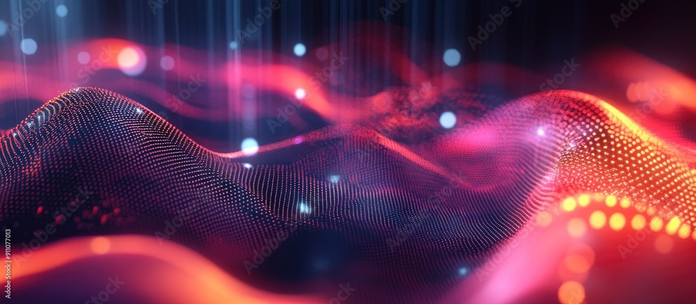 Poster 3d abstract particle wave with dynamic lighting background showcasing technology and cyber themes