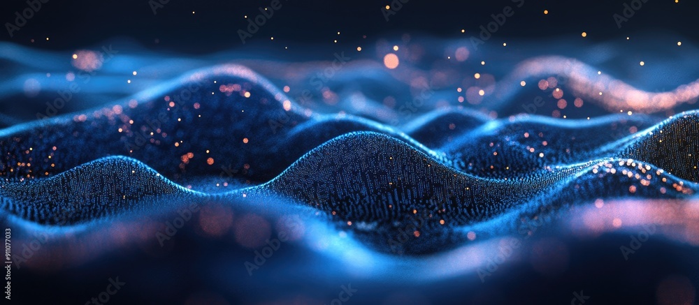 Poster 3d abstract particle wave with dynamic lighting background showcasing technology and cyber themes