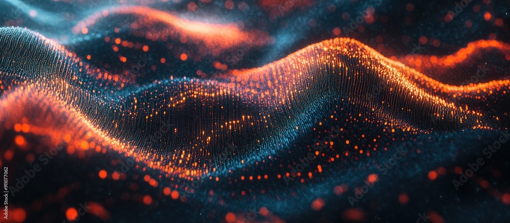 Poster 3d abstract particle wave with dynamic lighting background showcasing technology and cyber themes