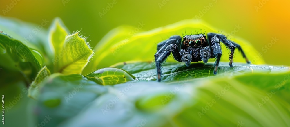 Poster a tiny black spider atop a leaf in a close up with a soft focused background perfect for a copy spac