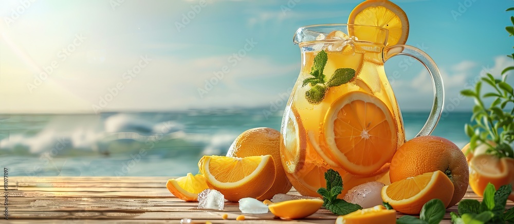 Poster copy space image of a refreshing large pitcher of lemonade with oranges ice and mint leaves on a woo