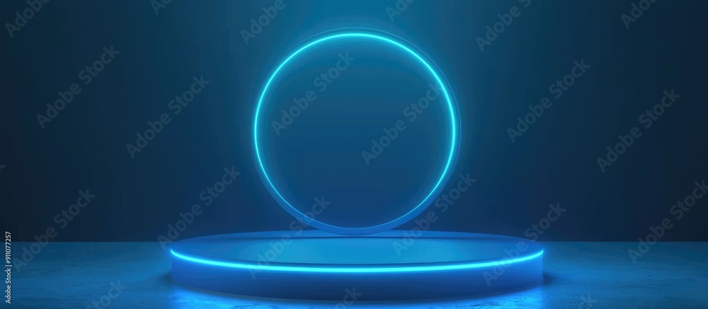 Poster 3d blue podium illuminated by a glowing neon circle in a dim environment technology concept product 