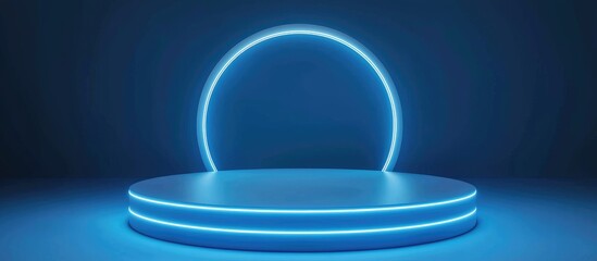 3D Circular Podium with Neon Ring on Blue Background for Technology Product Display and Mockup Showcase