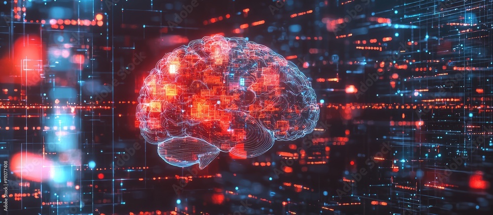 Poster 3d illustration of a digital brain hologram with ai and deep learning concepts in business technolog