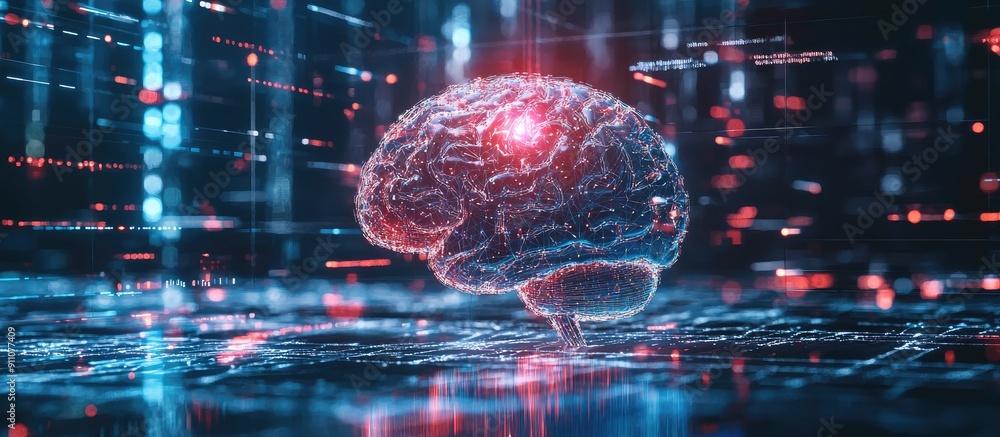 Poster 3d illustration of a digital brain hologram with ai and deep learning concepts in business technolog