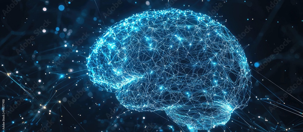 Poster 3d illustration of a digital brain hologram with ai and deep learning concepts in business technolog